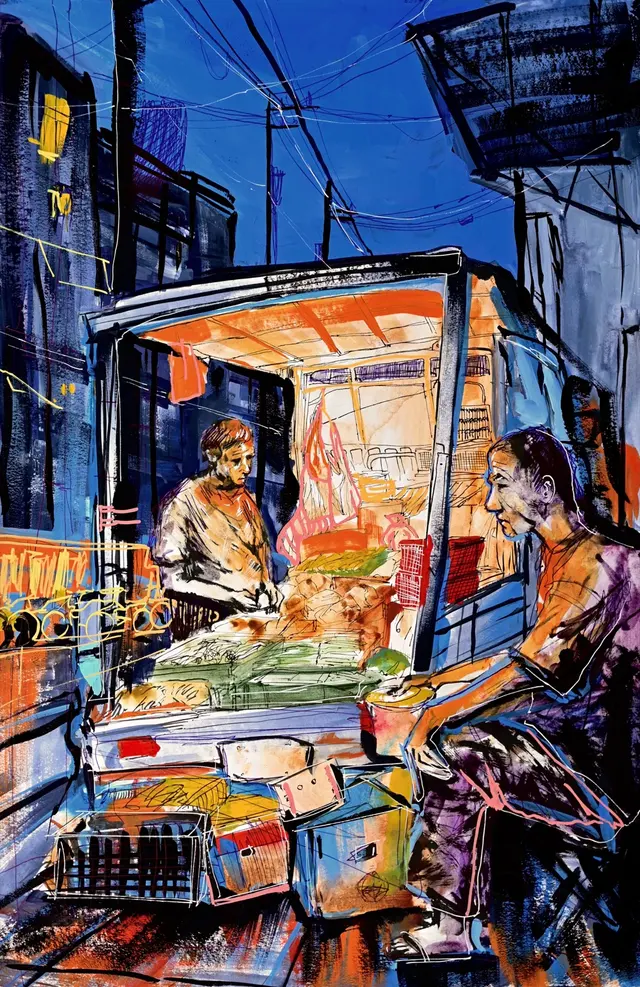 A blue and orange night-market painting with two vendors beside a lit stall.