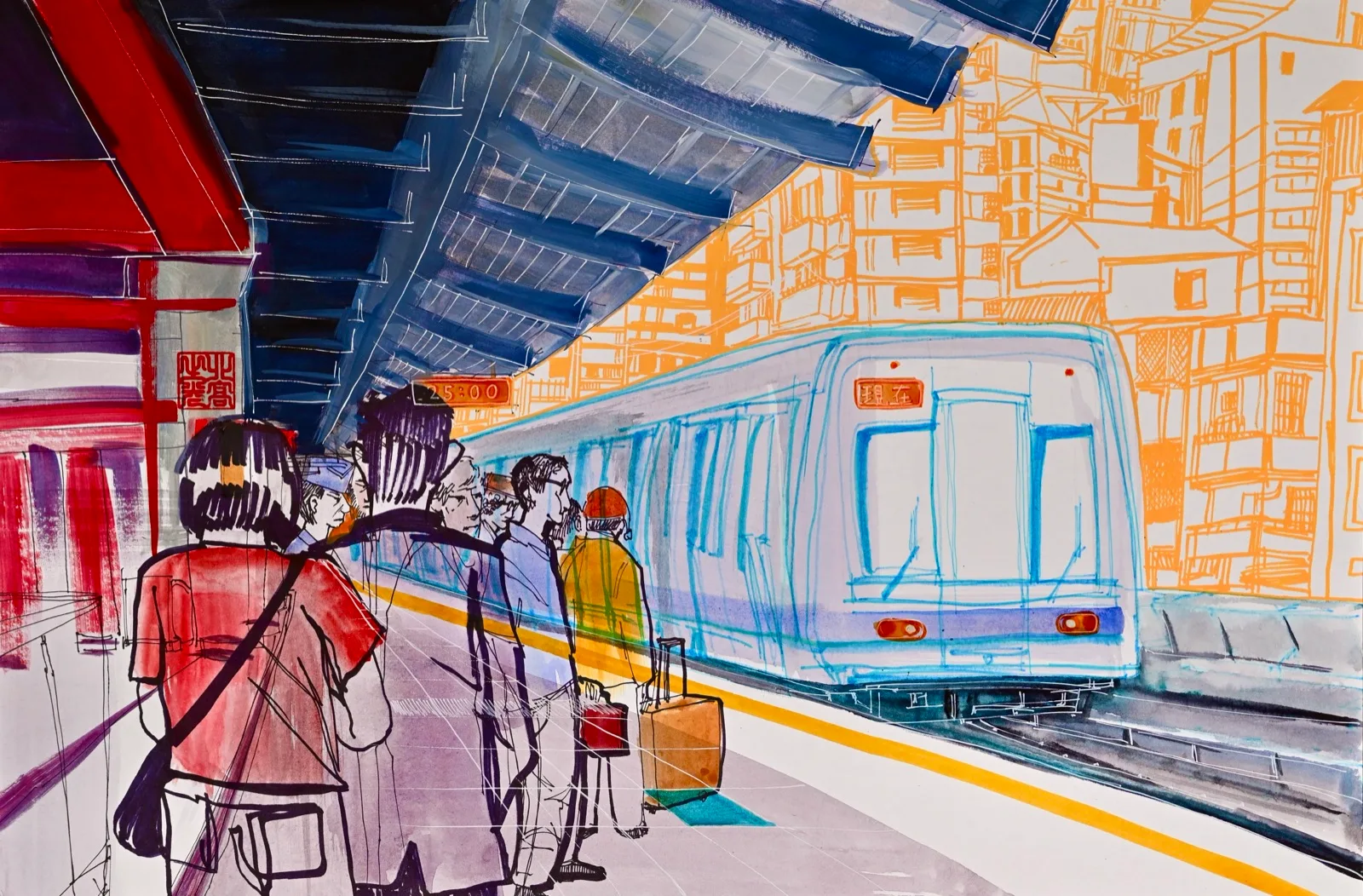 Travelers with luggage waiting on a platform as a metro train approaches