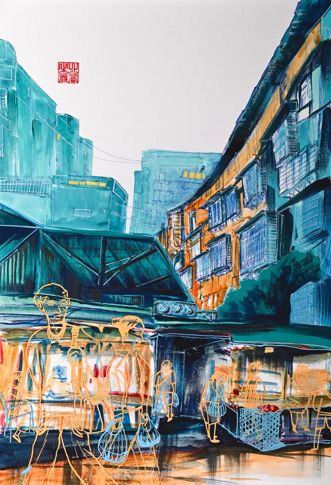 Shoppers walking between market stalls beneath turquoise and amber apartment buildings
