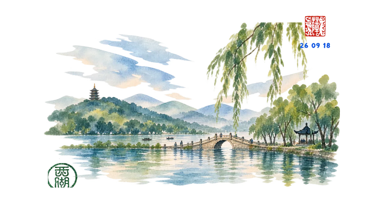 West Lake watercolor sketchbook A watercolor open sketchbook view of West Lake in Hangzhou